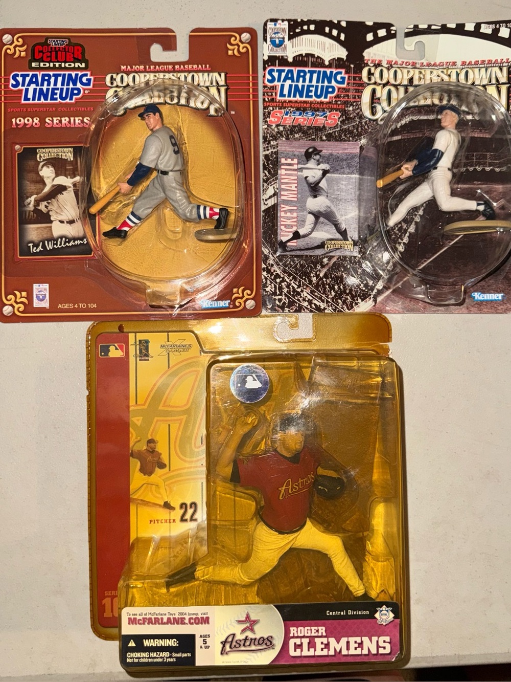 Starting Lineup Baseball Figure Lot Ted Williams, Mickey Mantle, Roger Clemens